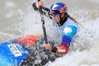 Evy Leibfarth kayaks in the Pan American Games held in Santiago, Chile. She earned her second gold medal in women’s canoe slalom K1.