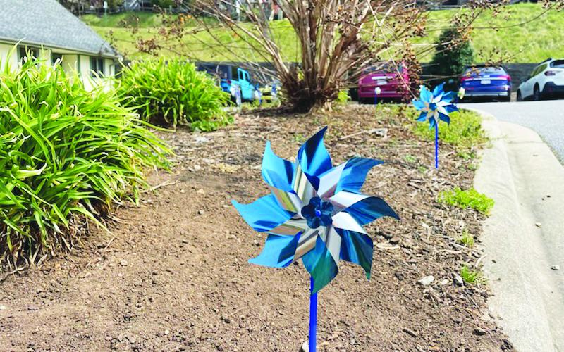 Swain County Department of Social Services lines driveway with blue pinwheels for Child Abuse Awareness month.