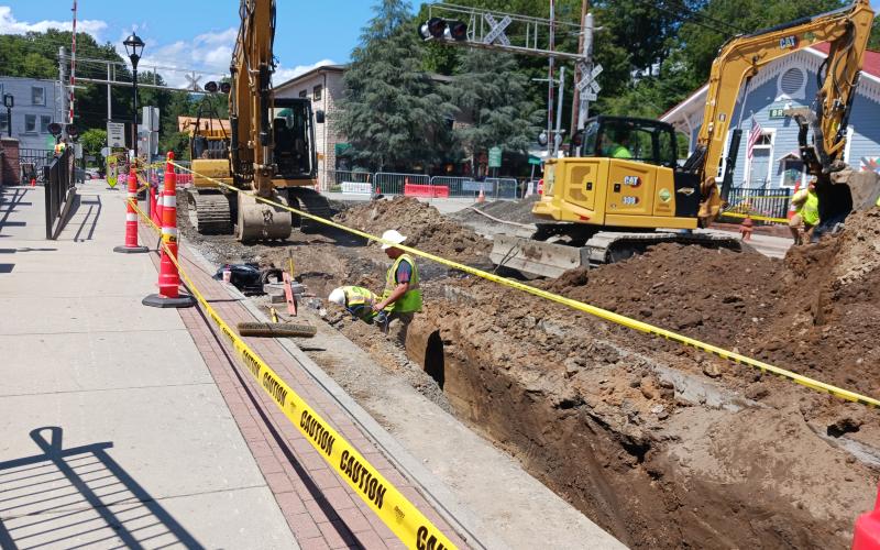 Work on boring under the railroad went on last week and this week as the town works on replacing the water and sewer lines under Everett Street.