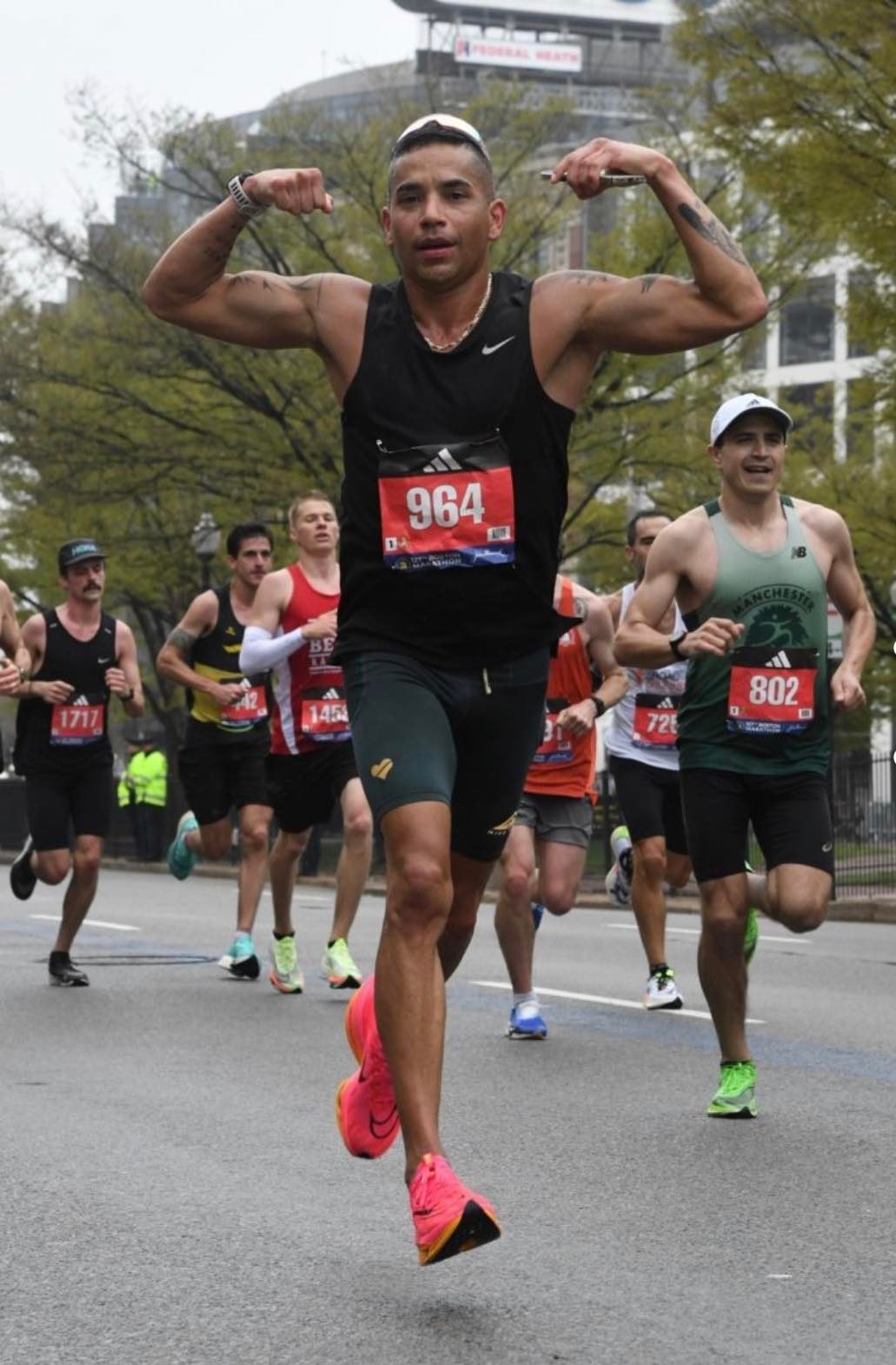 Kallup McCoy shows determination for a stong finish at mile 25 nearing the end of the Boston Marathon. 