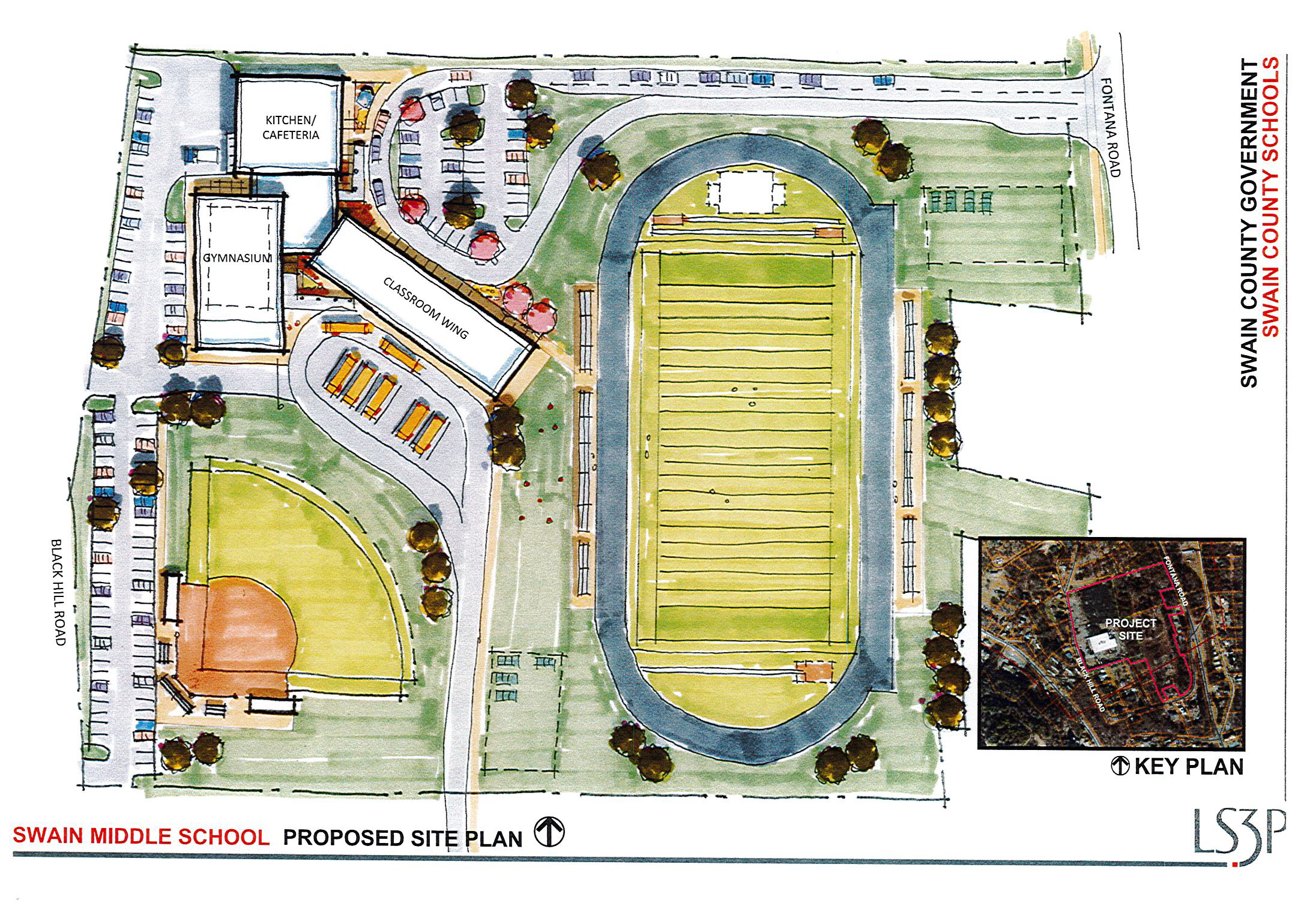 A master plan designed for a proposed new Swain County Middle School and athletic fields at a now county-owned site on Black Hill Road calls for a 100,000-square-foot school, baseball field and a new football field and track.