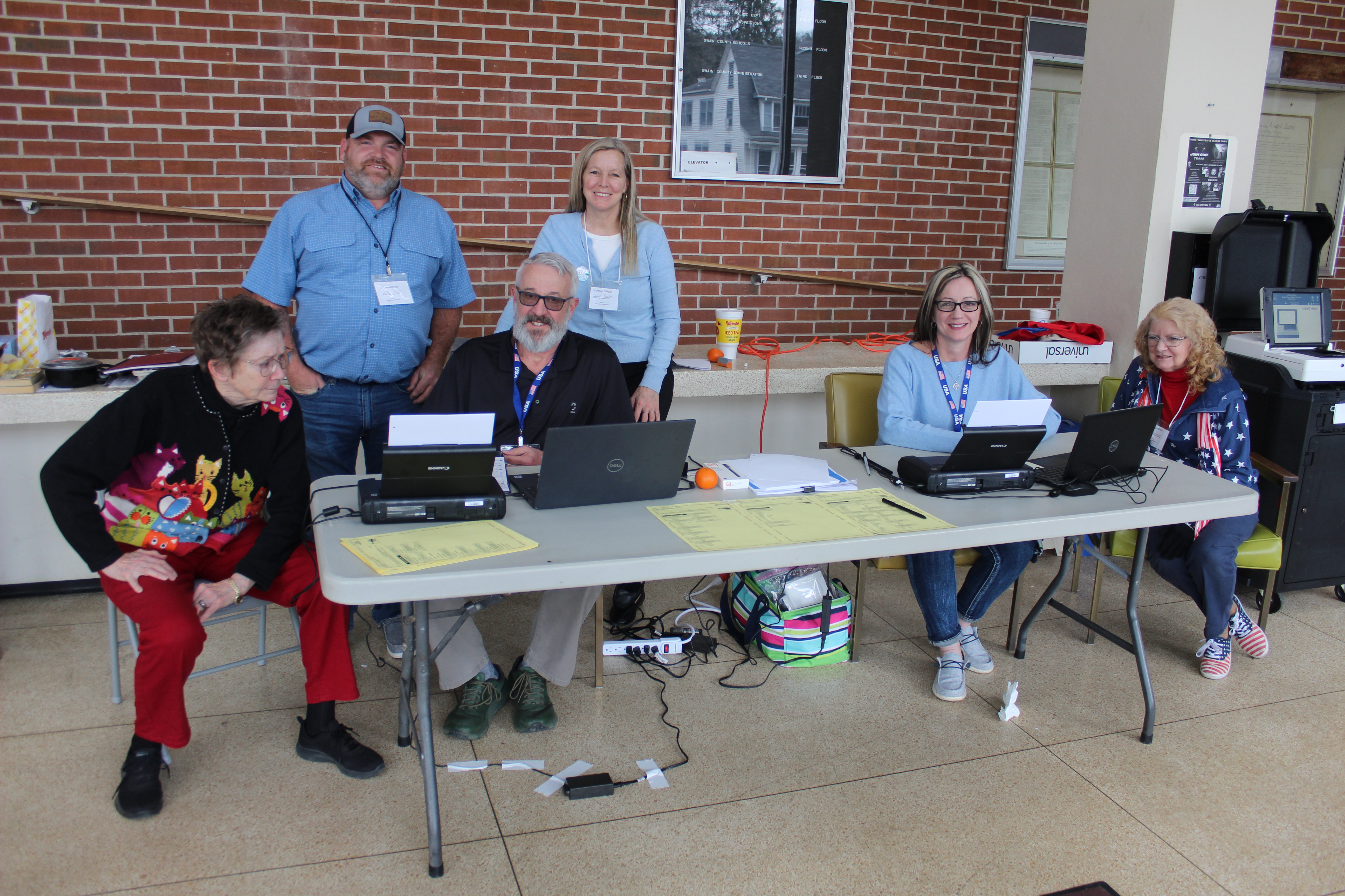 Poll workers at Bryson City 1 Precinct are pictured from left: Leila Hyde, Jeff Shuler, Bill Helwig, Susan Hester, Jenney Abels and Linda Sawyer.