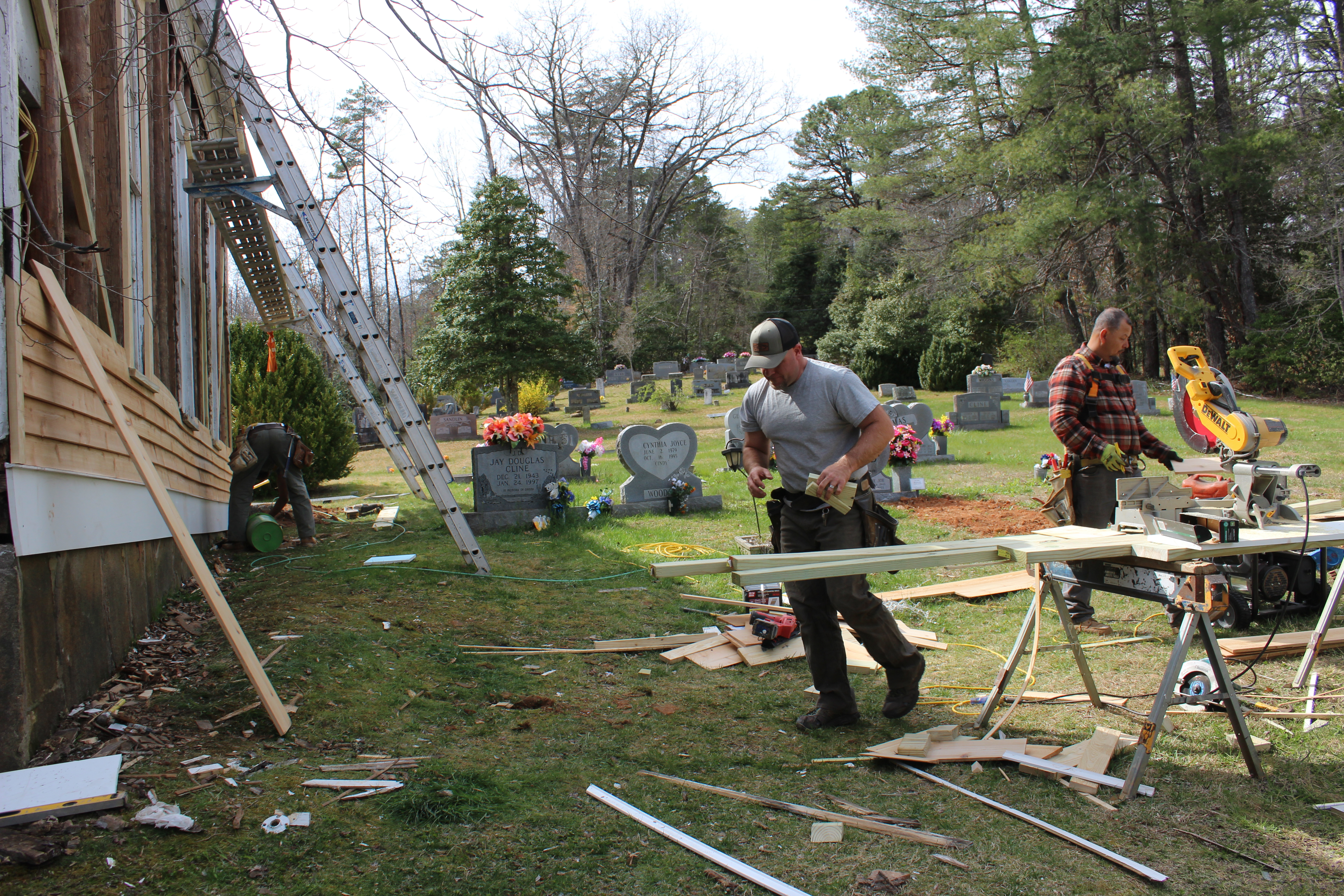 Contractors worked on entirely new wall siding for the Thomas Chapel Community Church on Monday, March 25, as part of an extensive project to fix up the beloved old church off Galbraith Creek Road.
