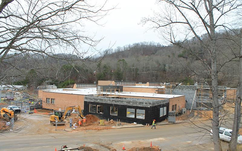 The exterior walls are up for a counseling suite at Swain County High School. The construction project, which also includes two new classrooms and administration, is on schedule.