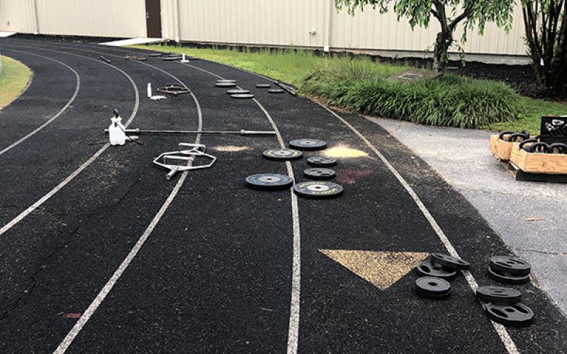 Weights on the track are used for football training