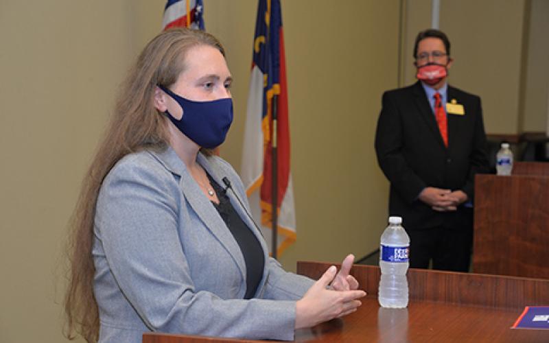 Victoria Fox (left) and Kevin Corbin discussed a wide range of issues during their Oct. 22 debate at Southwestern Community College in Sylva.