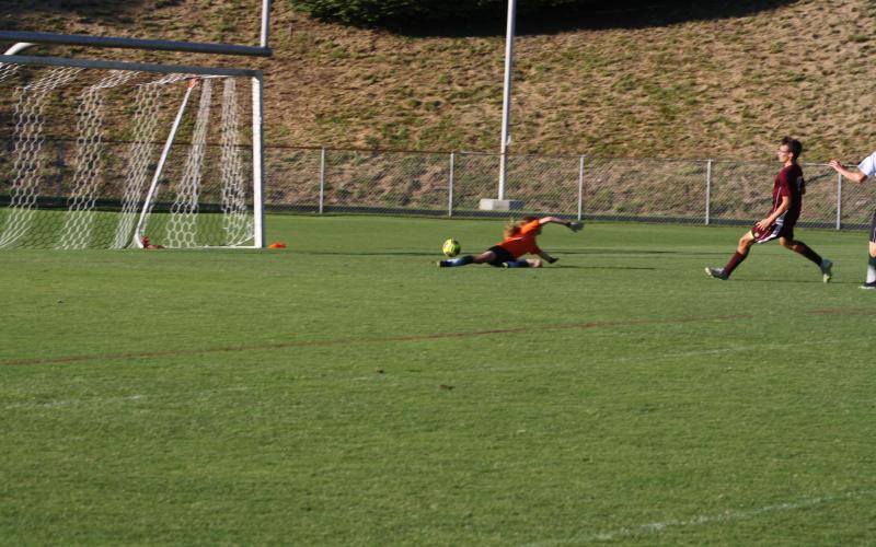 Maroon Devil Matthew Gray shooting just past the goalie for a Devil’s score in the win over Asheville Trailblazers.