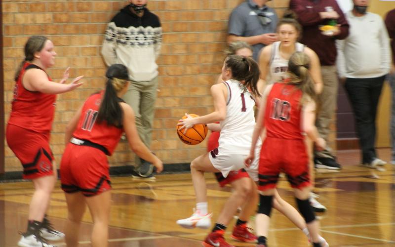 Amaya Hicks leaps for a layup against Andrews