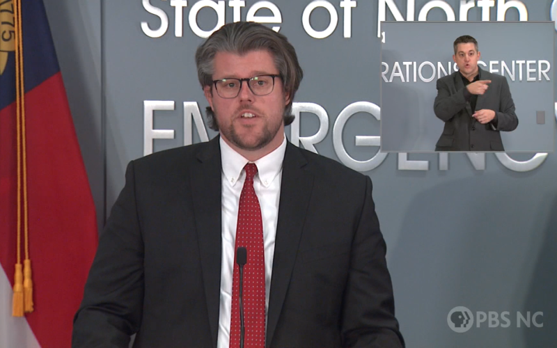 Incoming NCDHHS Secretary Kody Kinsley speaks at the press briefing.