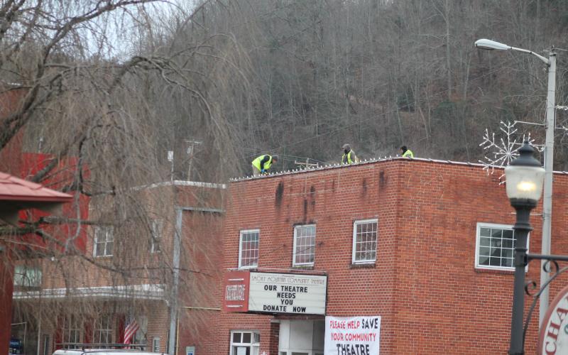 Workers with WNC Roofing began work on the roof at the Smoky Mountain Community Theatre on Monday. The work is anticipated to be completed in two weeks.