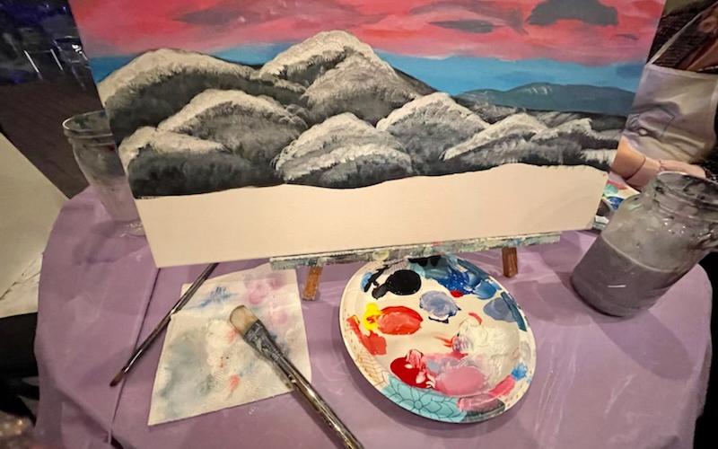 Robin chose a snowy mountain scene for us to paint during last Thursday’s class.