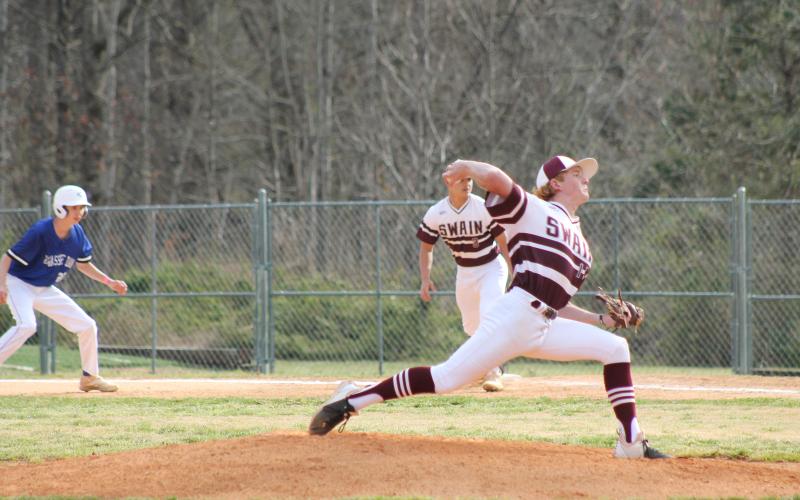 Photo by Hannah Styles/SMT Junior Ronnie Griggs pitches in the win against Hiwassee Dam at the home game last week.