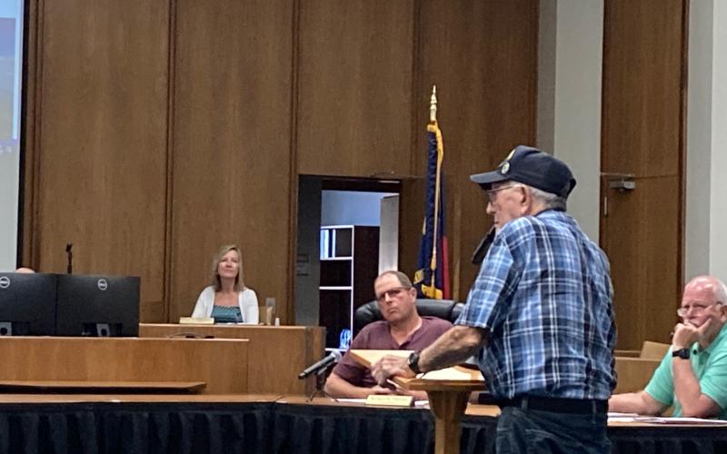 J.B. Jacobs shares his concerns about the Swain County Senior Center before Swain County Board of Commissioners .