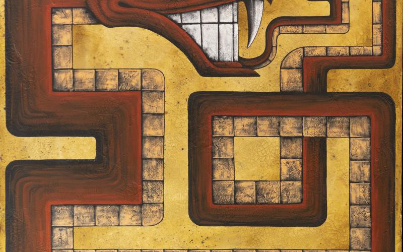 Pictured is Ouroboros Uk’tena, an acrylic on canvas by John Henry Gloyne (Eastern Band of Cherokee Indians, Pawnee Nation, Osage Nation). It is one of many original pieces by Cherokee artists to be on display as part of the show Disruption at the museum.
