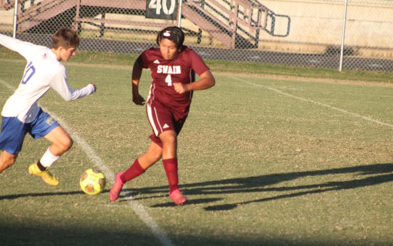 Maroon Devil James Sanchez battles it out with a Highlander in the home game Monday.