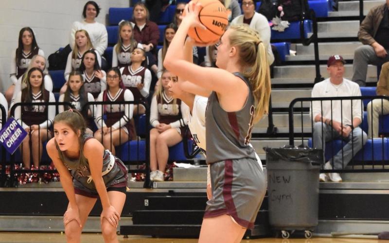 Lady Devil Makayla Cody goes up for a basket at Swain’s game against the Smoky Mountain Mustangs last Tuesday.