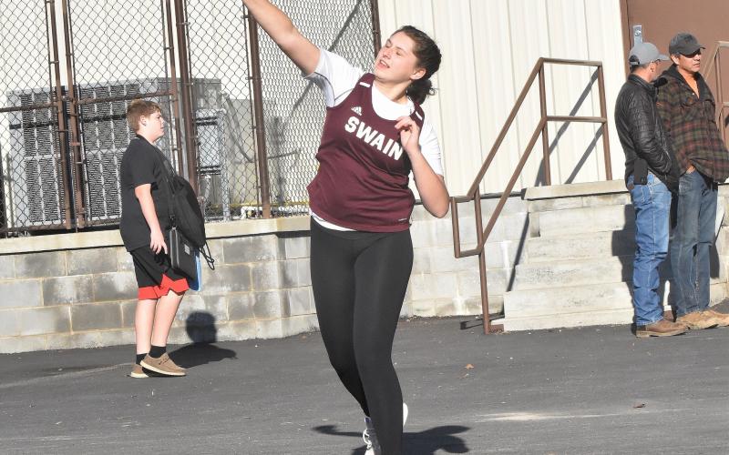 Lady Devil Carly Teesateskie qualified for the NCHSAA Indoor State Meet with this shotput throw. Photo by Joanna McMahan/Swain Schools