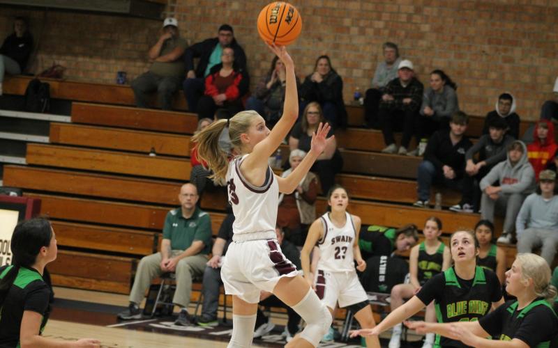 Hannah Styles/SMT Mya Burrows-Kurr.goes up for a basket, soaring over a Blue Ridge player.