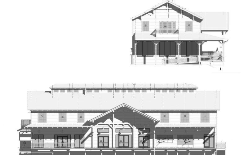 This drawing provides the concept for the new building that will face the riverfront and include an open concept restaurant and retail space.