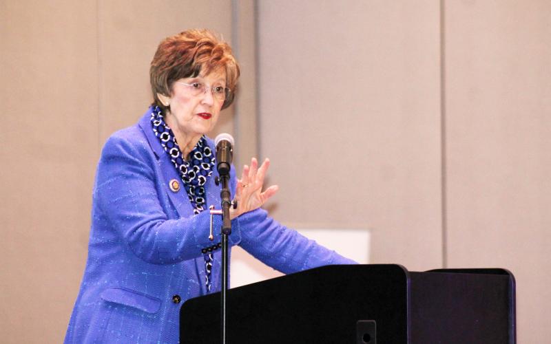North Carolina Secretary of State Elaine Marshall presents at the WeSpeak WNC Workforce Conference on Monday, Feb. 27.
