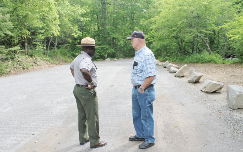 Superintendent Cassius Cash (from left) and Coach Bob Marr at the new parking area at Deep Creek, will open over Memorial Day weekend.
