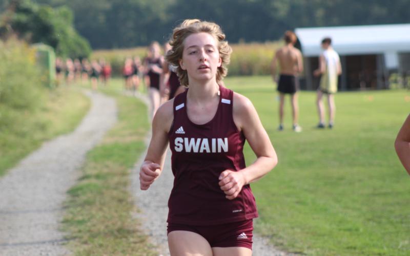 Sophomore Marden Harvey runs in the 5000 meter run at Kituwah, for which she finished with a time of 22:17.