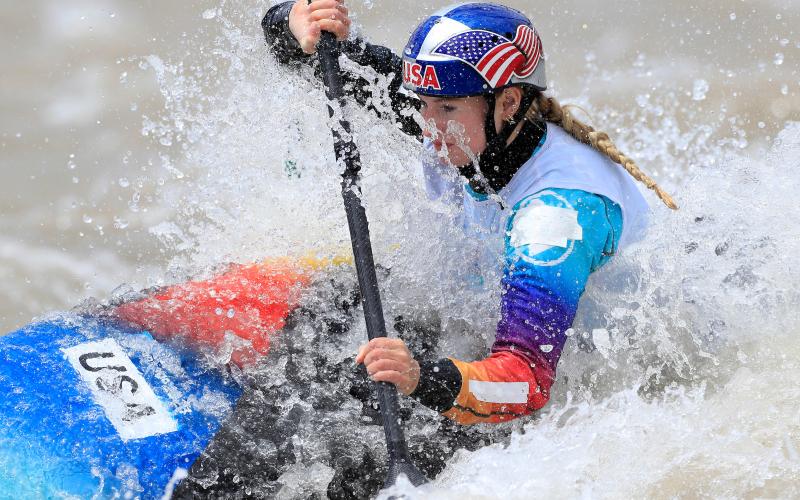 Evy Leibfarth kayaks in the Pan American Games held in Santiago, Chile. She earned her second gold medal in women’s canoe slalom K1.