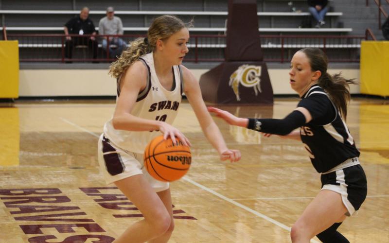 Freshman Emily Stargell maneuvers around the Lady Wildcats’ defense at the championship game taking place in Cherokee Thursday, Feb. 15.