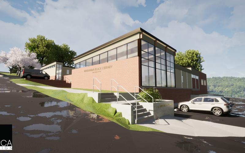 Marianna Black Library Campaign Planning Committee has just released updated design plans for the expansion and renovation of the building. Above is a corner street view of the library, where the new community room is front and center. It will have its own entrance, bathroom and prep kitchen.