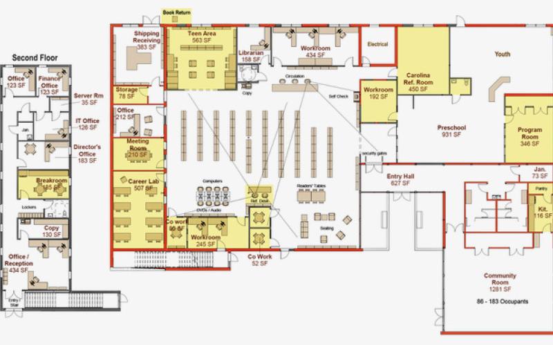 The design plan shows how the new library will include spaces for the community room, teen room, children's programming room and much more