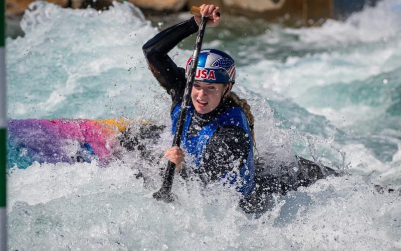 Photo by Marc Hunt / 2024 U.S. Olympic Team Trials, Montgomery, AL Evy Leibfarth, of Swain County, earned the bronze medal in women's canoe slalom WC-1.