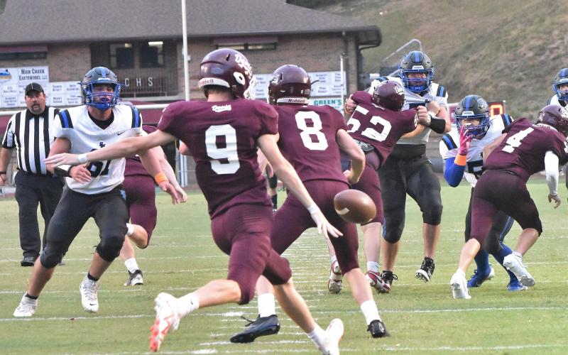 Maroon Devil Brendan Lanning sends the ball down field in the home opener against Smoky Mountain Friday. The Devils will travel to take on the Franklin Panthers.