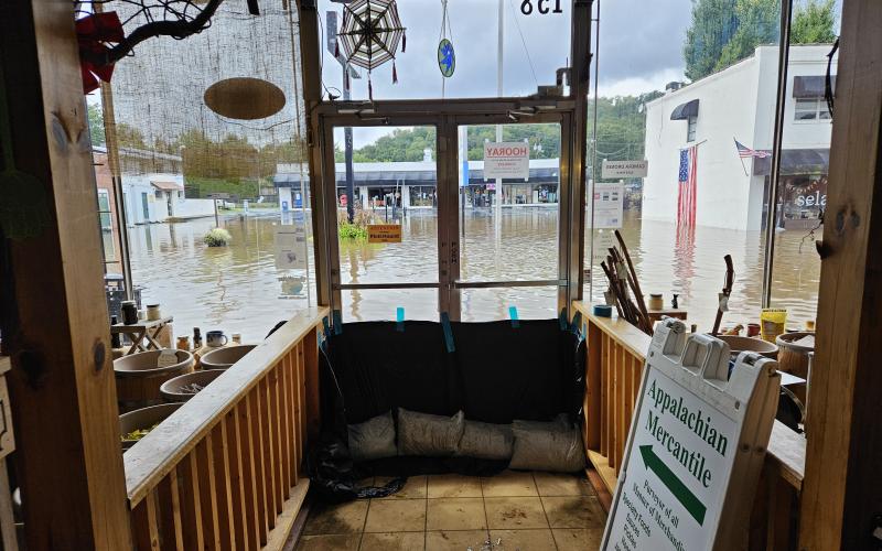 Appalachian Mercantile is pictured from inside the store during the flooding Friday.