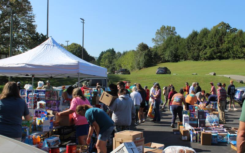 Disaster relief following Hurricane Helene was being distributed at the ball field parking lot at the Swain County Recreation Park on Tuesday. The donation effort came from Caswell County, N.C.