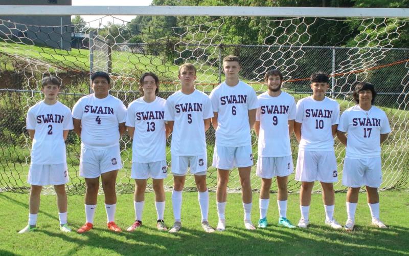 The Swain High School Maroon Devils soccer team recognized its seniors at the Monday night game. This year’s seniors are, from left: Clayton Shuler, James Sanchez, Maclane Whorton, Brendan Lanning, Mason Moore, Max Wilmot, Edwin Lezama and Oliver Reyes. Not pictured: Andrae Aguilera.