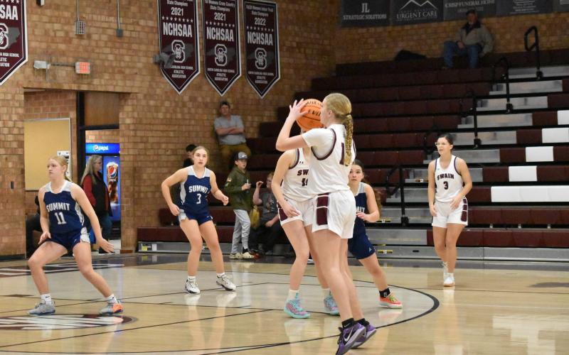 Emily Stargell takes a three-point shot in the home game against Summit.
