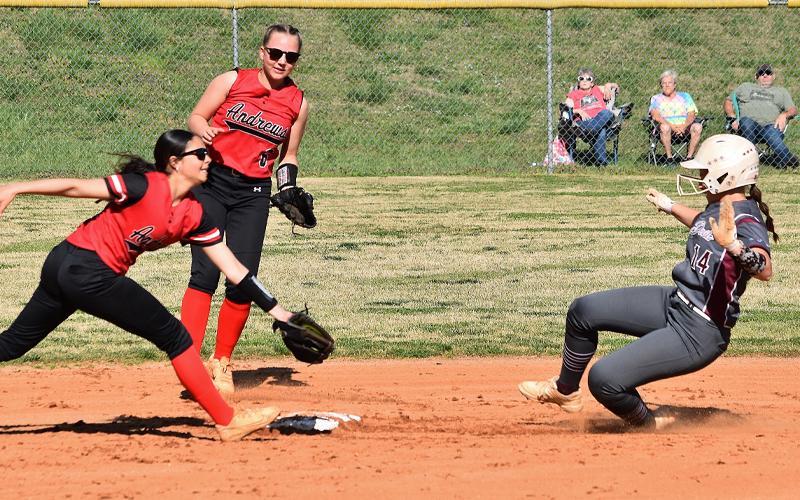 Photo/Joanna McMahan.  Molleigh Woodard steals second in a double-header home game Tuesday, April 1. Lady Devils beat Andrews 13-0 and 19-1 to sweep the series.
