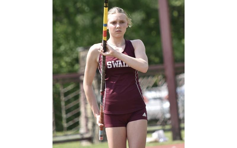 Photos/ Joanna McMahan.  Carden Oetting pole vaulting during the Smoky Mountain Conference Championships in Cherokee Wednesday, April 30.