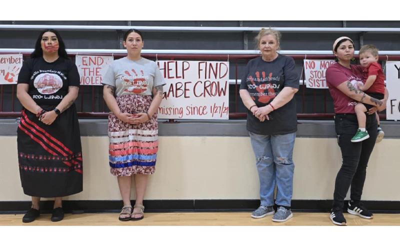 SMT photo/Sara Eisinger.  Qualla Boundary MMIW organizers Jacinta Gonzalez, community outreach (left to right), Maggie Jackson, co-chair, Diane Welch, coordination and logistics, and Atsei Cooper, co-chair at the sixth annual Missing and Murdered Indigenous Relative Walk at Cherokee Central School Charles George Arena Saturday, May 3.