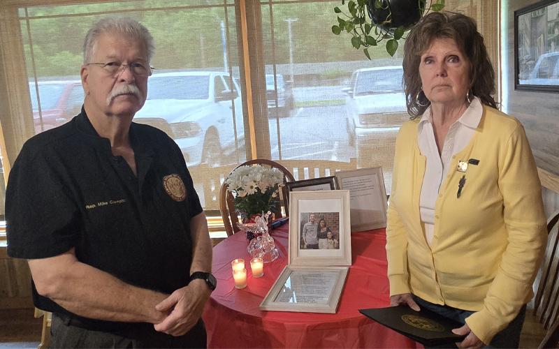 SMT photo/Sara Eisinger.  Rep. Mike Clampitt and Ellen Pitt, Western North Carolina Regional DWI Task Force president, speak about N.C. HB 108, The Sober Operator Act of 2025, at Granny’s Kitchen in Cherokee Saturday, May 24.