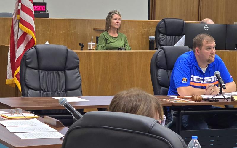 SMT photo/Sara Eisinger.   Tanner Lawson chairs a commissioners’ meeting Tuesday, Aug. 19. Seagle had taken a pre-approved vacation, with his effective resignation date being Sunday, Aug. 31.
