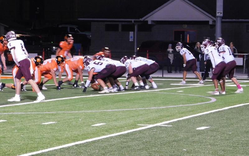 Photo/ Nick Nichols.  The Swain offense unit in the Swain win over Rosman, Oct. 24.  Swain has outscored conference opponents 188-34.
