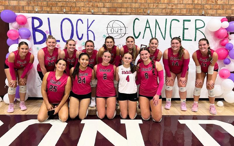 Submitted photo.  Haley Teesateskie (front, left to right), Jamy-lyn Teesateskie, Ryan Ellis, Cara Aldridge and Kennedy Anthony; Molleigh Woodard (back, left to right), Brylee Shuler, Jade Jenkins, Bella Green, Carley Teesateskie, Reese Ammons, Kinsley Hyatt, Rylee Rawls, Allie Stephenson dress in pink to support cancer awareness Sept. 25.