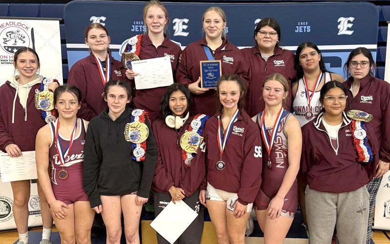 Photos submitted.  Chloe Kent (front, left to right), Faith West, Jany Echeverria, Elaynah Cogdill, Mattie Brown, Melyssa Wildcat; (back, left to right) Madison Mashburn, Isabella Ponton, Claire Ball, Makayla Hunt, Keilani Teesateskie, Nevaeh Hughes and Autumn Tramper at Enka Jet Invitational Nov. 27.