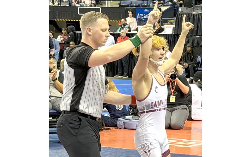 Submitted photo. Senior Sullivan Cunningham captures Class 1A/2A state championship at 113 pounds, finishing off his career with a dominant tournament run in the North Carolina High School Athletic Association Individual State Championships at the Greensboro Coliseum Feb. 21.