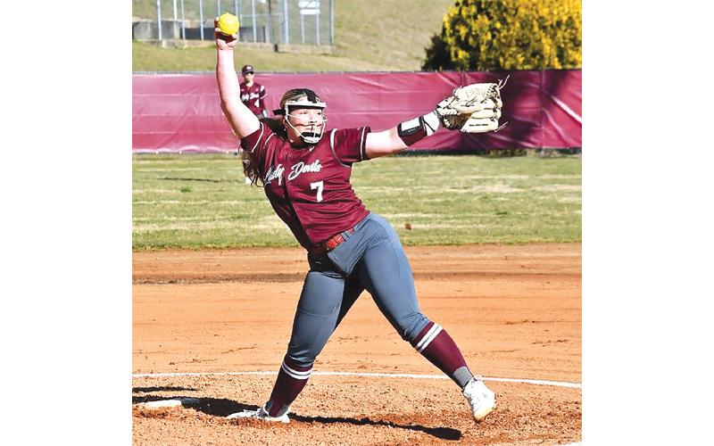 Submitted photo.  Rylee Rawls strikes out eight batters in five innings against Smoky Mountain at her home field Feb. 27.