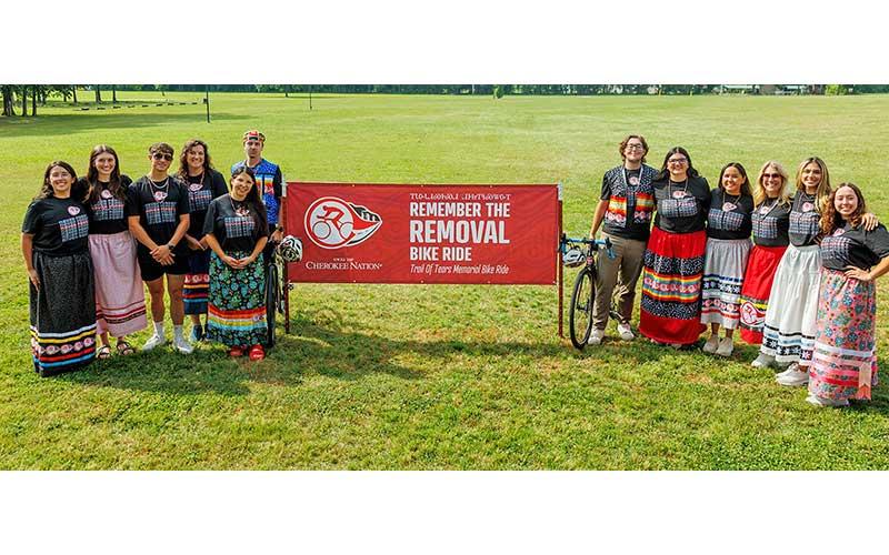 (L-R): Ella Mounce, Adrian Gaches, Jaden Carroll, Adrienne Keene, Kristen Mankiller, Dugan Gibson, Colton Brinsfield, Jaycee Gideon, Taylor Pearce, Secretary of Natural Resources Christina Justice, Ashley Adair and Savannah Slayton. 