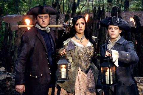 Thad Walker as “Brom Bones,” Sarah Elain as Katrina Van Tassel and Farley Norman as Ichabod Crane