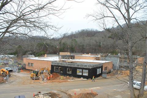The exterior walls are up for a counseling suite at Swain County High School. The construction project, which also includes two new classrooms and administration, is on schedule. 