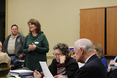 Gina Collias, of Buncombe County, speaks to Swain County Democrats on why she's running for U.S. Congress District 11.